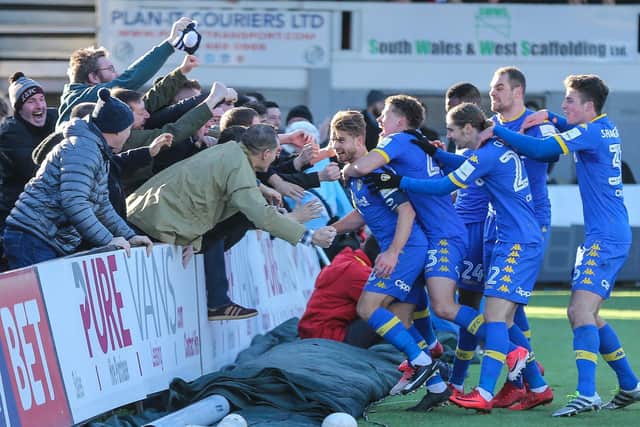 Gaetano Berardi celebrates after scoring his first goal for the club, a 'low, swerving shot' from 25 yards against Newport County in the third round of the FA Cup in January 2018. PIC: Varley Picture Agency