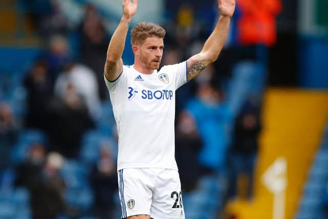 Gaetano Berardi gestures as he leaves the game, his last for the club, during Leeds United's Premier League clash against West Bromwich Albion at Elland Road in May 2021. PIC: Getty