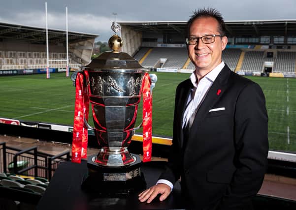 Jon Dutton (Chief Executive RLWC2021) pictured with the Rugby League World Cup Trophy at Kingston Park in Newcastle (Picture: Alex Whitehead/SWpix.com)