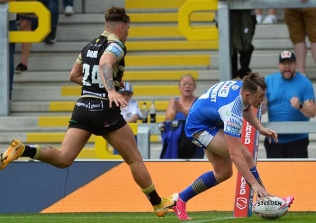First up: Rookie Leeds winger Jack Broadbent scores his first try.Picture: Jonathan Gawthorpe