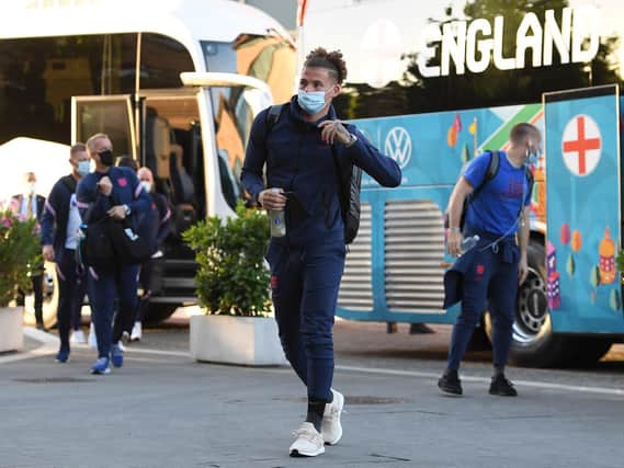 Leeds United's Kalvin Phillips arrives in Rome with England. Pic: Getty