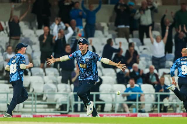 Yorkshire’s Jordan Thompson celebrates the Vikings' nine-run win over Lancashire at Headingley. Picture by Alex Whitehead/SWpix.com