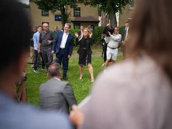 CLECKHEATON, ENGLAND - JULY 02: Kim Leadbeater celebrates her victory in the Batley And Spen By-election with Labour leader Sir Keir Starmer, on July 2, 2021 in Cleckheaton, United Kingdom. Kim Leadbeater won the seat of Batley and Spen for Labour with a slim majority of just 323 votes. She took 13,296 votes while the Conservative candidate Ryan Stephenson came second with 12,973 and former Labour and Respect MP George Galloway came third with 8,264. (Photo by Christopher Furlong/Getty Images)