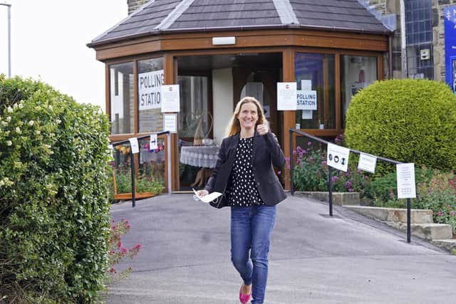 Kim Leadbeater after casting her vote in the Batley and Spen by-election. Pic: PA