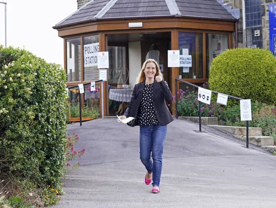 Kim Leadbeater after casting her vote in the Batley and Spen by-election. Pic: PA