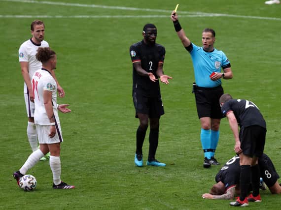 Leeds United's Kalvin Phillips was booked for England against Germany. Pic: Getty