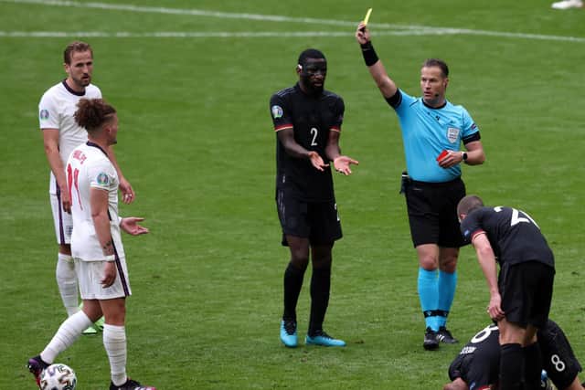 Leeds United's Kalvin Phillips was booked for England against Germany. Pic: Getty