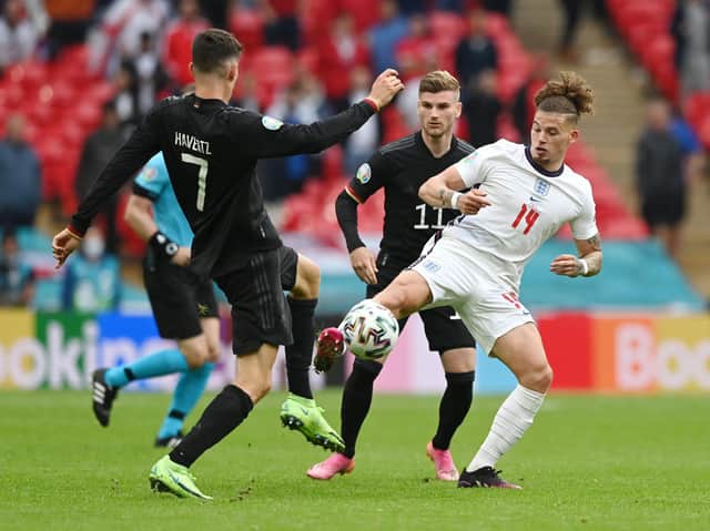 Leeds United's Kalvin Phillips in action for England against Germany. Pic: Getty