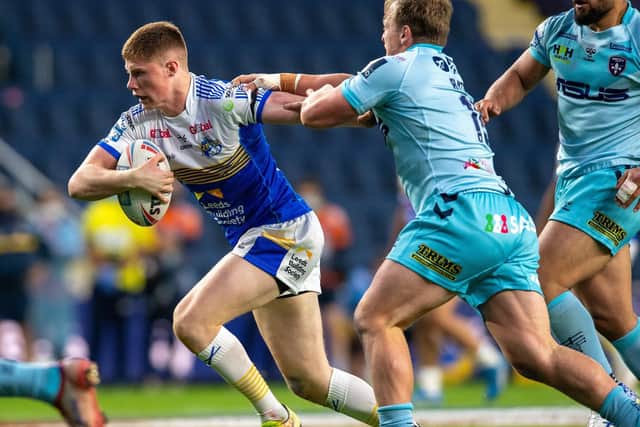 Leeds' Morgan Gannon, left, is making a name for himself in Super League, aged 17. Picture by Bruce Rollinson.