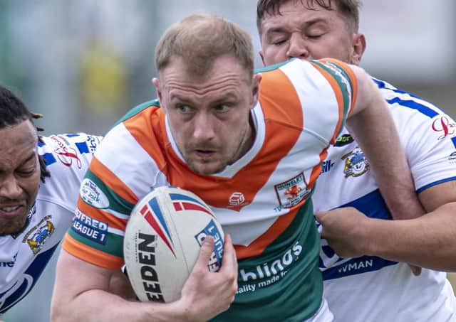 Matty Chrimes scored a try hat-trick for Hunslet but still ended up on the losing side against Coventry Bears. Picture: Tony Johnson/JPIMedia.