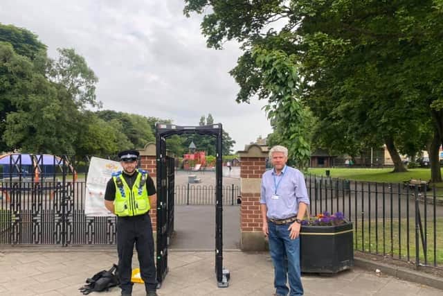 Knife arch temporarily installed at entrance to Pudsey Park following recent stabbing