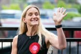 Labour candidate Kim Leadbeater celebrates by a canal in Huddersfield after winning the Batley and Spen by-election. (Danny Lawson/PA)