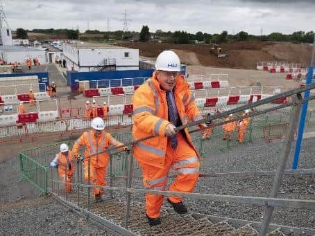 Prime Minister Boris Johnson during a visit to the HS2 Solihull Interchange building site in the West Midlands to mark the formal start of construction on HS2. PA Photo. Picture date: Friday September 4, 2020. See PA story RAIL HS2. Photo credit should read: Andrew Fox/Daily Telegraph/PA Wire
