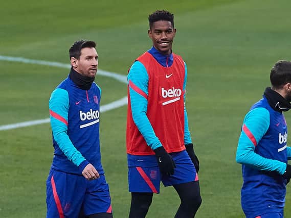 Barcelona star Lionel Messi training with Leeds United's newest defender Junior Firpo. Pic: Getty