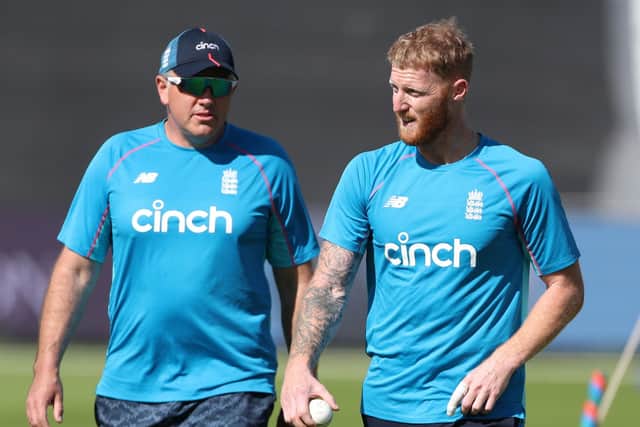 LEADING MEN: England's Ben Stokes, right, and head coach Chris Silverwood during a nets session at Sophia Gardens. Picture: David Davies/PA