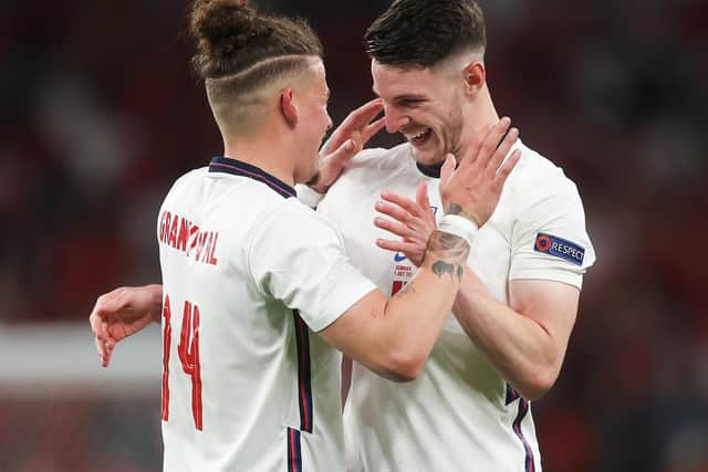 GAME CHANGERS: Leeds United's Kalvin Phillips, left, and West Ham's Declan Rice, right, after helping England to the Euro 2020 final. Photo by Carl Recine - Pool/Getty Images.