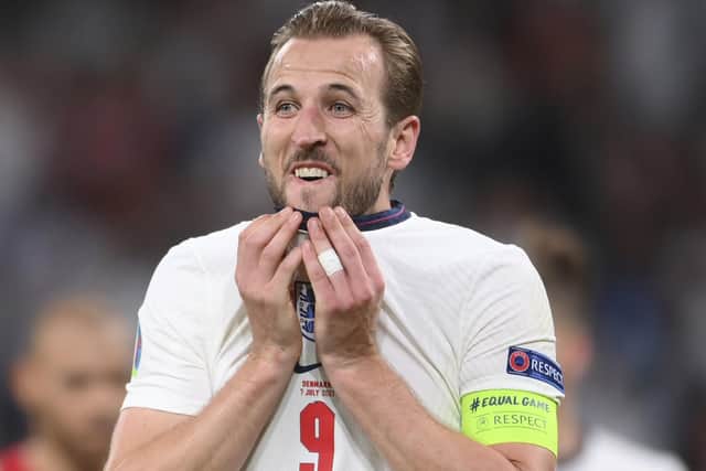 England's Harry Kane reacts. (Laurence Griffiths/Pool Photo via AP)