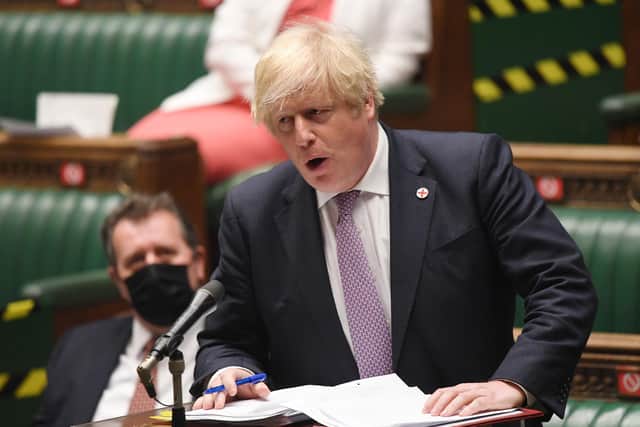 Handout photo issued by UK Parliament of Prime Minister Boris Johnson during Prime Minister's Questions in the House of Commons, London. Picture date: Wednesday July 7, 2021.
