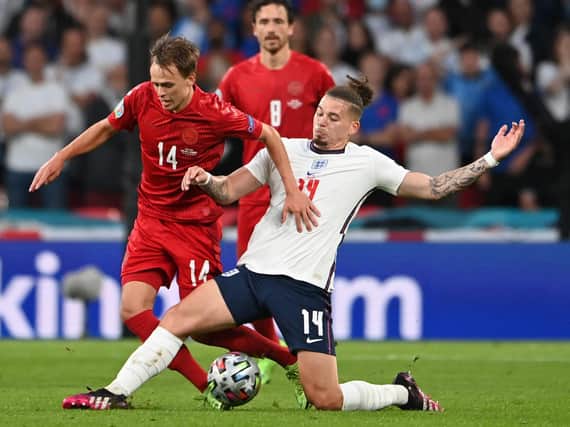 ON BRAND - Kalvin Phillips of Leeds United and England found a new level again after the break against Denmark in the Euro 2020 semi-final at Wembley. Pic: Getty