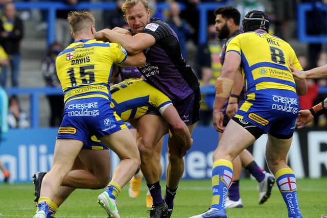 Matt Prior, pictured in action against Warrington, is keen to stay at Rhinos, according to coach Richard Agar. Picture by Simon Hulme.