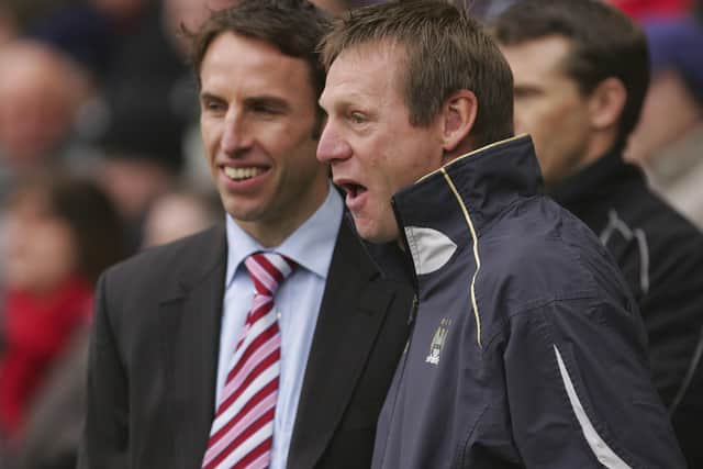 Friends reunited: Gareth Southgate (L), manager of Middlesbrough, talks with Stuart Pearce, the manager of Manchester City. (Picture: Michael Steele/Getty Images)