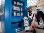 Alexander Terry from Decathlon with the tent vending machine.