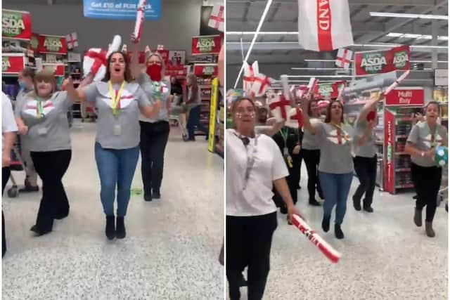 Asda Middleton staff showing their support for the Three Lions ahead of England v Italy at Euro 2020 (photo and video: Rachel Cunningham).