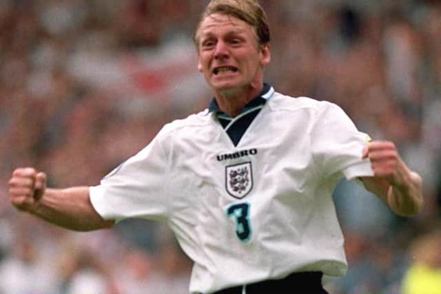 Stuart Pearce celebrates after scoring in the penalty shoot-out to decide today's (Sat) Euro 96 quarter-final clash against Spain, at Wembley. (Picture: Sean Dempsey/PA)