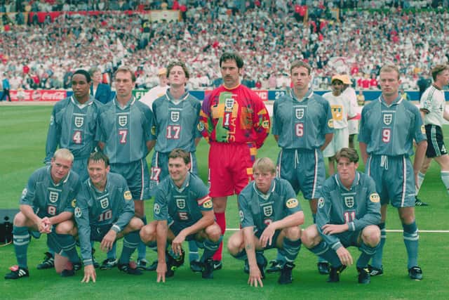 The England team ahead of the Euro 96 semi-final: back row left to right, Paul Ince, David Platt, Steve McManaman, David Seaman, Gareth Southgate and Alan Shearer. Front row left to right Paul Gascoigne, Teddy Sheringham, Tony Adams, Stuart Pearce and Darren Anderton.  (Picture: Stu Forster/Getty Images)