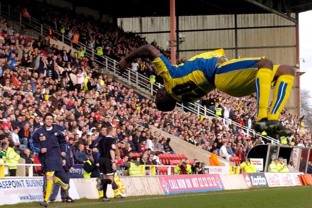 Tresor Kandol celebrates scoring again st Swindon Town at the County Ground in March 2008. PIC: James Hardisty