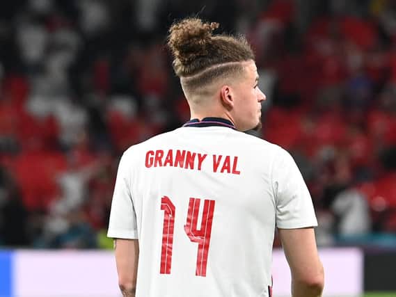 Leeds United's Kalvin Phillips pays tribute to his Granny Val with England. Pic: Getty