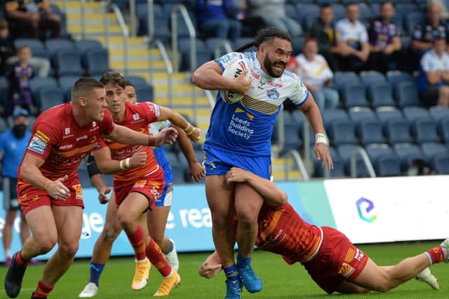 Konrad Hurrell on the ball against Catalans. Picture by Jonathan Gawthorpe.