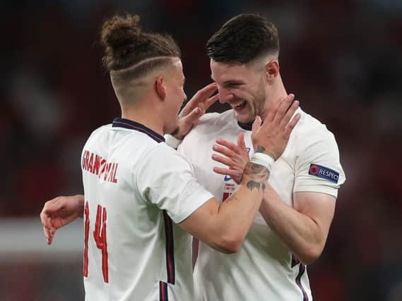 England's Kalvin Phillips and Declan Rice embrace at Wembley. Pic: Getty