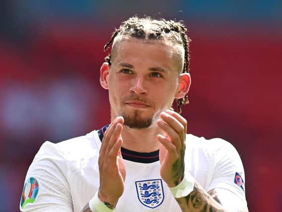 Leeds United and England midfielder Kalvin Phillips salutes the crowd at Wembley. Pic: Getty