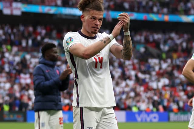 Leeds United's Kalvin Phillips salutes the England crowd. Pic: Getty