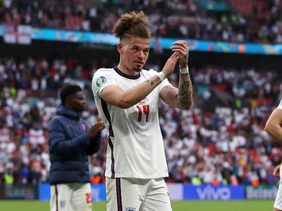 Leeds United's Kalvin Phillips salutes the England crowd. Pic: Getty