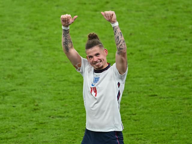 Leeds United's Kalvin Phillips salutes the England crowd at Wembley. Pic: Getty