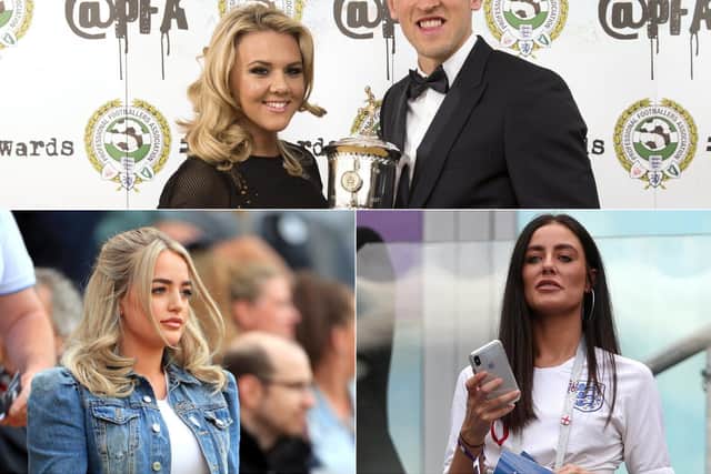 From top, Harry Kane and girlfriend Katie Goodland; Fern Hawkins, girlfriend of England's Harry Maguire and Megan Davison, girlfriend of England goalkeeper Jordan Pickford. PICS: PA