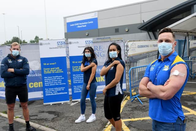 Members of the Leeds Rhinos staff at the Leeds Vaccination Centre at Elland Road where they had their vaccines. L to r... Matt Prior, Elle Frain (Leeds Rhinos womens), Brie Grierson (Leeds Rhinos netball) and James Donaldson.