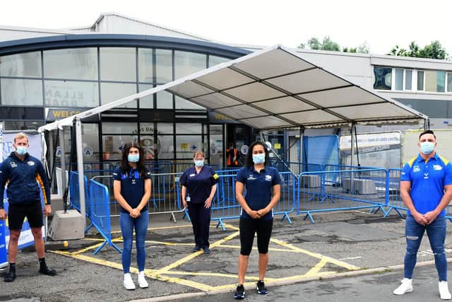 Matt Prior, Elle Frain, Helen Wilkinson (Clinical Supervisor at Leeds Vaccine Centre), Brie Grierson and James Donaldson.
