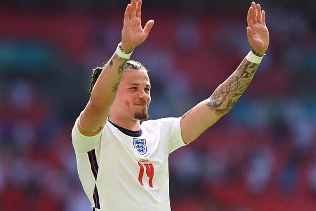 HISTORY MAKER: Leeds United's England international midfielder Kalvin Phillips. Photo by GLYN KIRK/POOL/AFP via Getty Images.