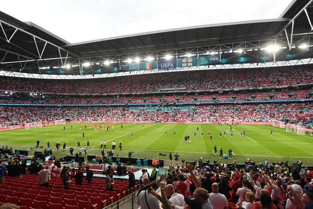HUGE SUPPORT: For Leeds United midfielder Kalvin Phillips and England at Wembley. Photo by FACUNDO ARRIZABALAGA/POOL/AFP via Getty Images.