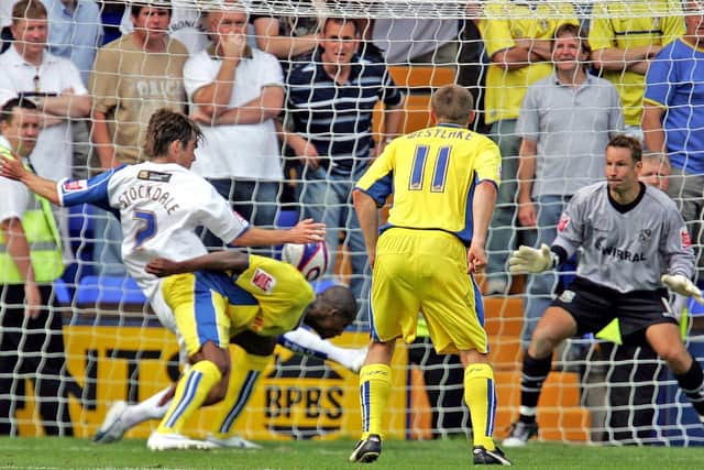LATE DRAMA: Tresor Kandol, left, gets down low to head home an 89th-minute winner upon Leeds United's first ever league clash at Tranmere Rovers in August 2007. Photo by PA.
