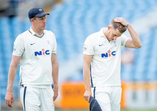 Yorkshire's Steven Patterson & Ben Coad dejected after a morning session which didn't produce wickets against Lancashire. Picture by Allan McKenzie/SWpix.com