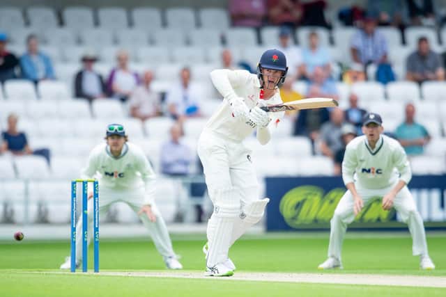 Lancashire's Keaton Jennings drives through the leg side at Headingley against Yorkshire. Picture by Allan McKenzie/SWpix.com