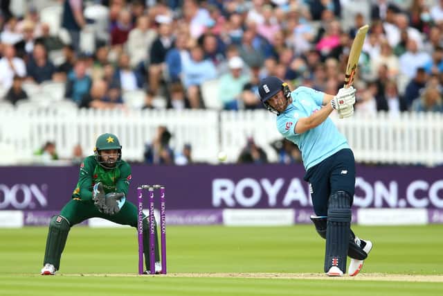 England's Phil Salt drives through the off side on his way to 60 against Pakistan at Lord's on Saturday. Picture: Nigel French/PA