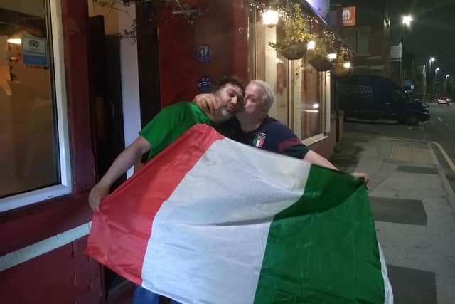Antonio Matera and his chef outside Dos Amigos following Italy's victory over England at the Euro 2020 final.