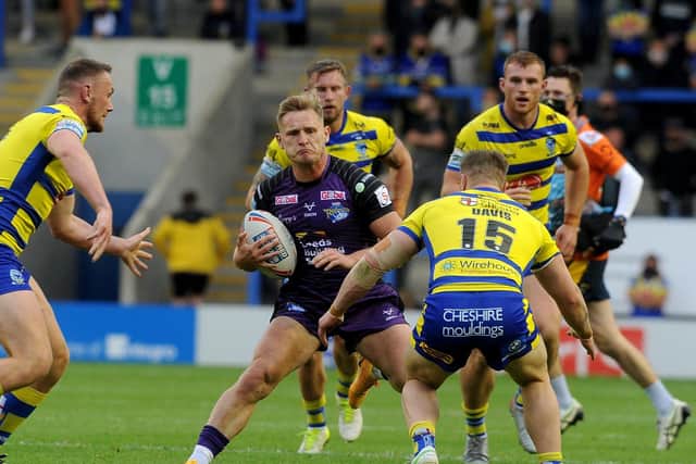 Brad Dwyer in action in Rhinos'woin at Warrington. Picture by Simon Hulme.