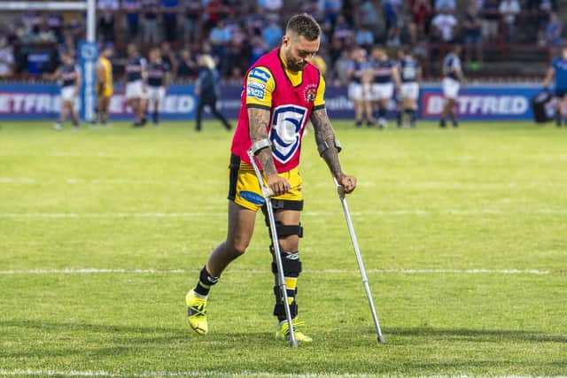 Gareth O'Brien was on crutches after suffering a knee injury against Wakefield less than a month ago. Picture by Tony Johnson.