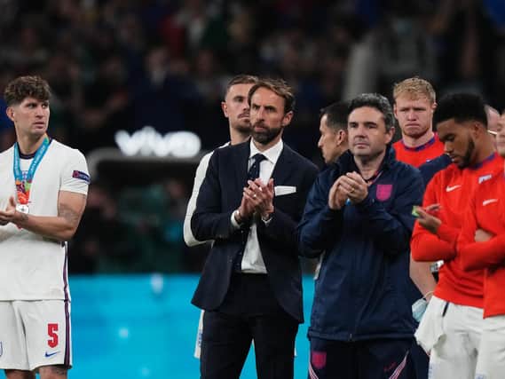 England head coach Gareth Southgate at Wembley with his players. Pic: Getty